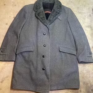 Vtg 1970s 1980s McGregor Wool Tweed Overcoat Faux Fur Collar Gray Black Mens 38